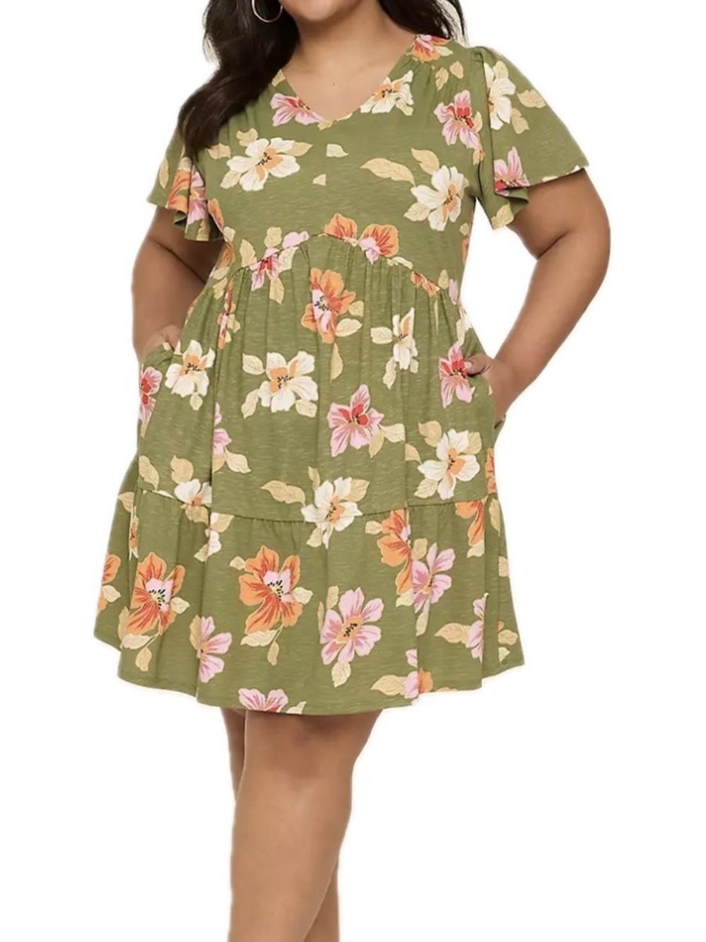 Lane Bryant Vacation V-Neck Tiered Floral Dress Women Size 14/16 Green Tropical